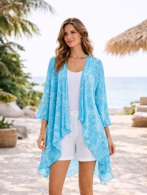 Blue Sky Design Turquoise Watercolor Draped Open Front Layering Sm Lightweight